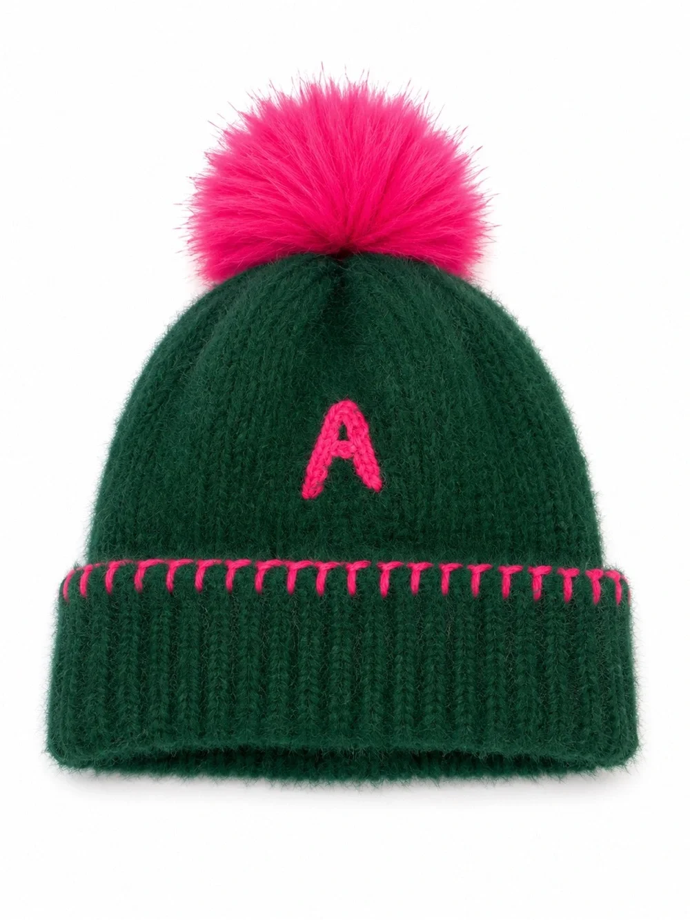 Dark Green Faux Fur Beanie with Hot Pink Pom Pom